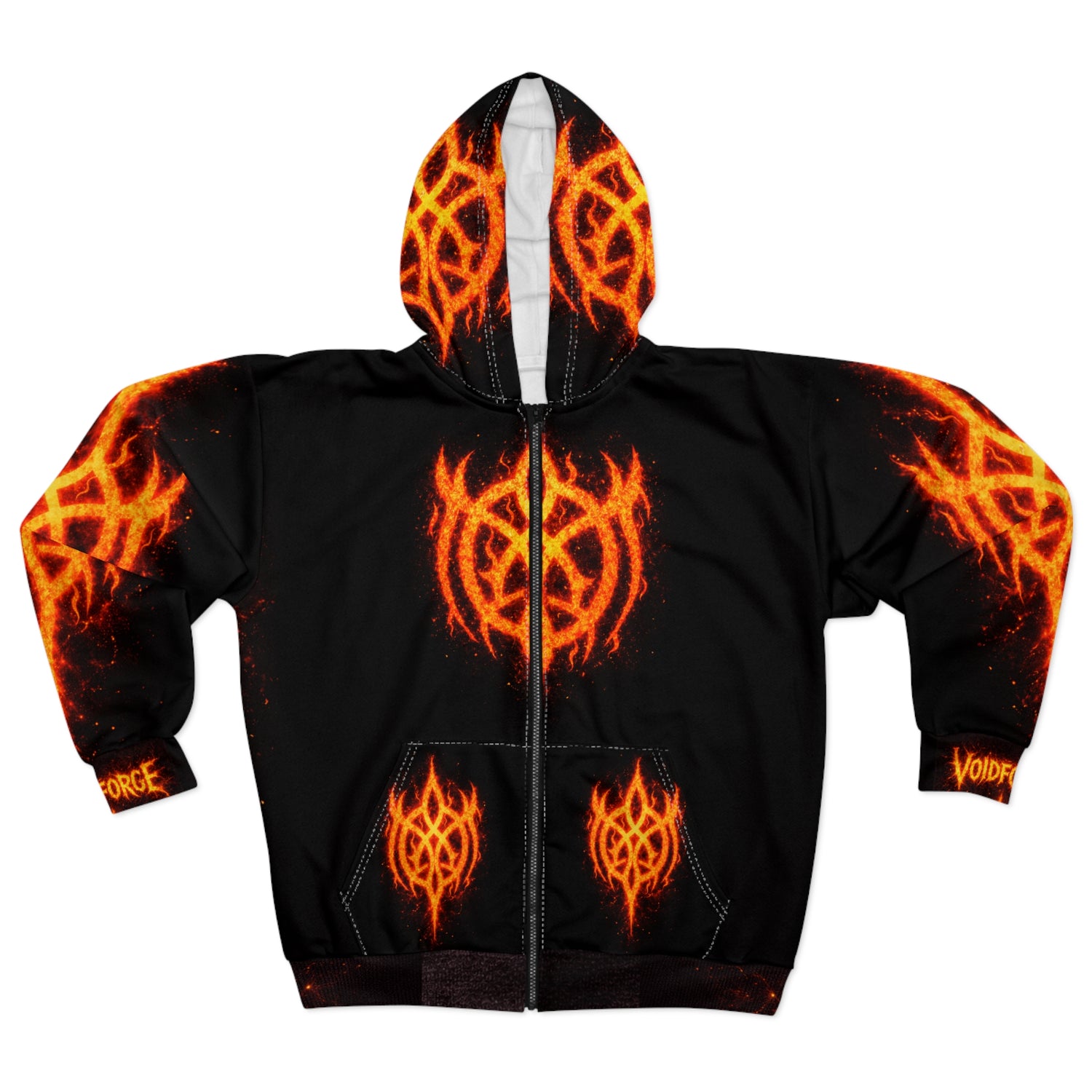 Flaming Demon Skull Zip Hoodie – front view showing all-over molten-orange skull and sigil print on black zip-up gothic streetwear hoodie