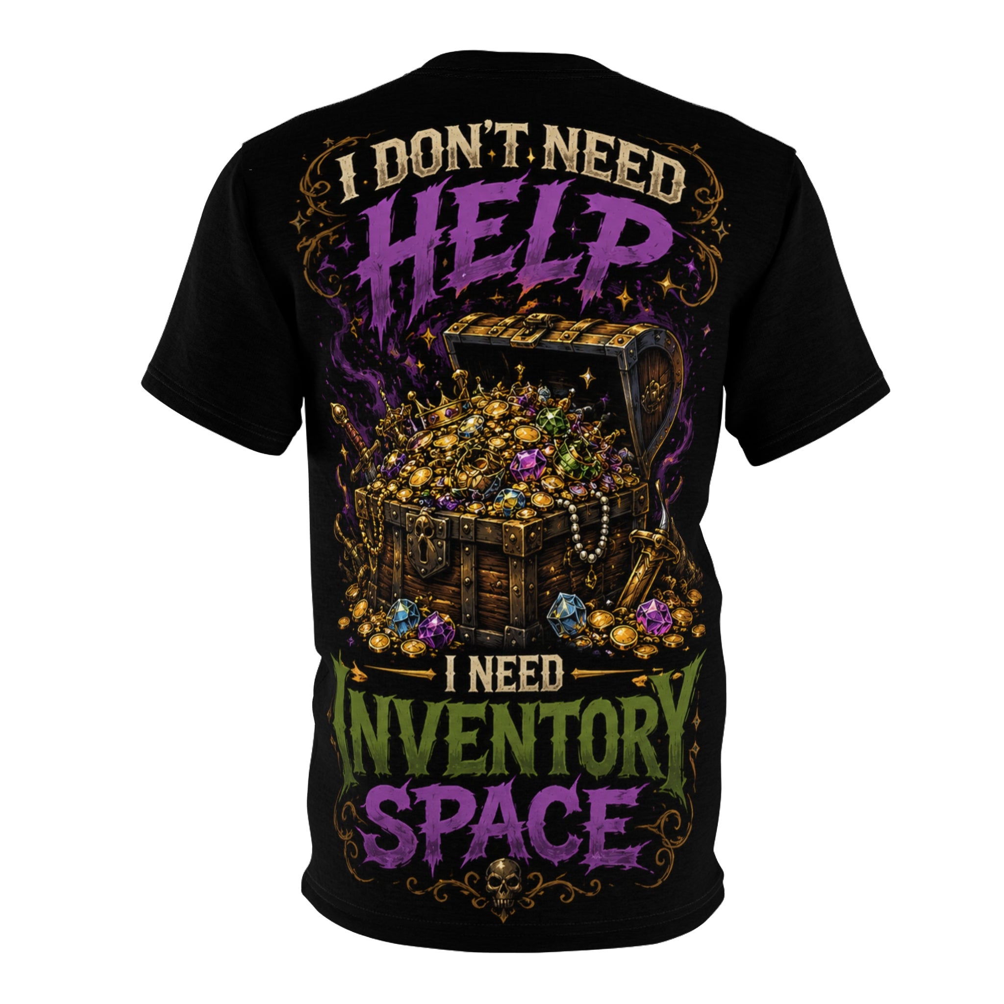 Goblin Treasure Haul fantasy shirt — model wearing tee showing unisex relaxed fit in size large