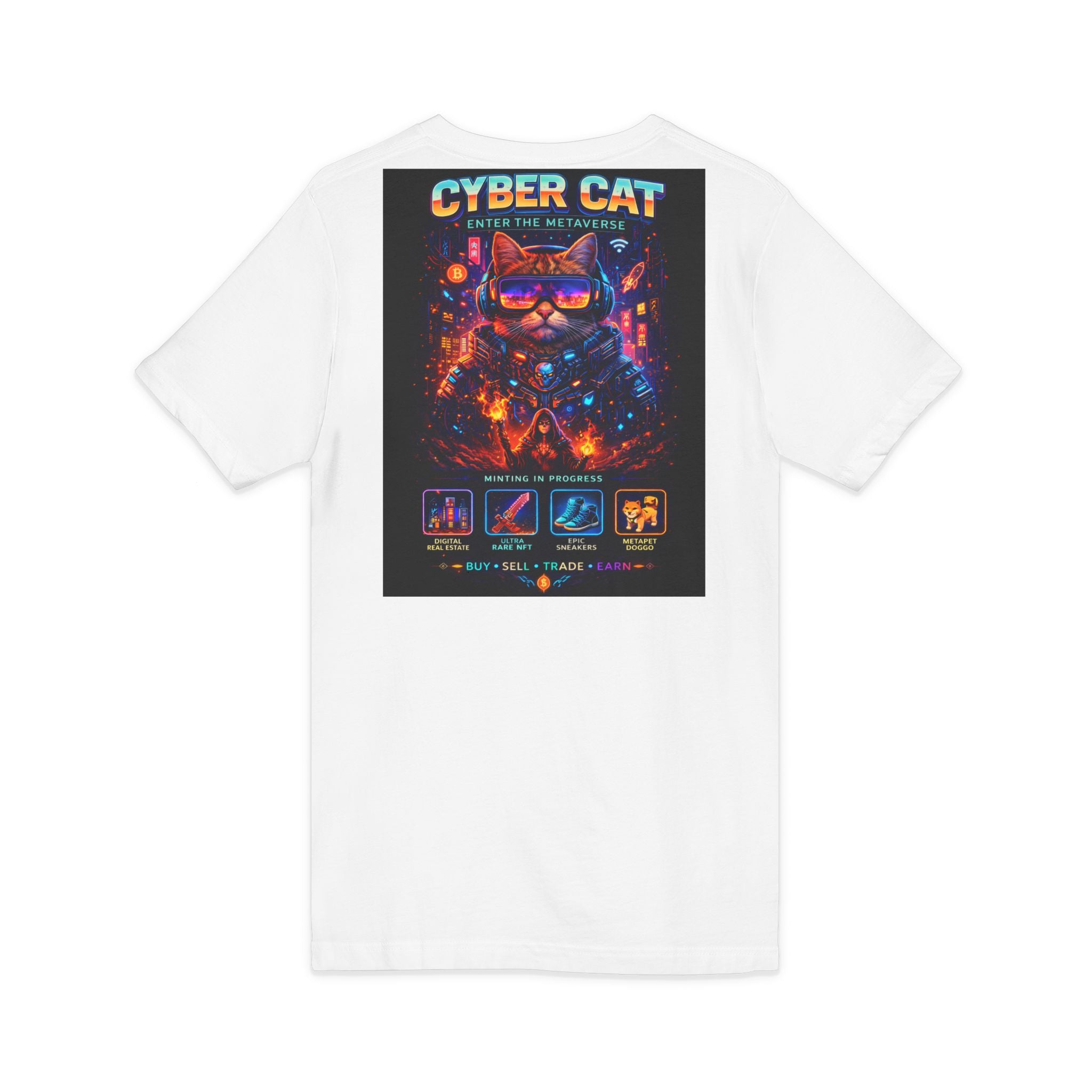 Cyber Cat V-neck tee — close-up of neon retro futuristic cat graphic with cyberpunk city background