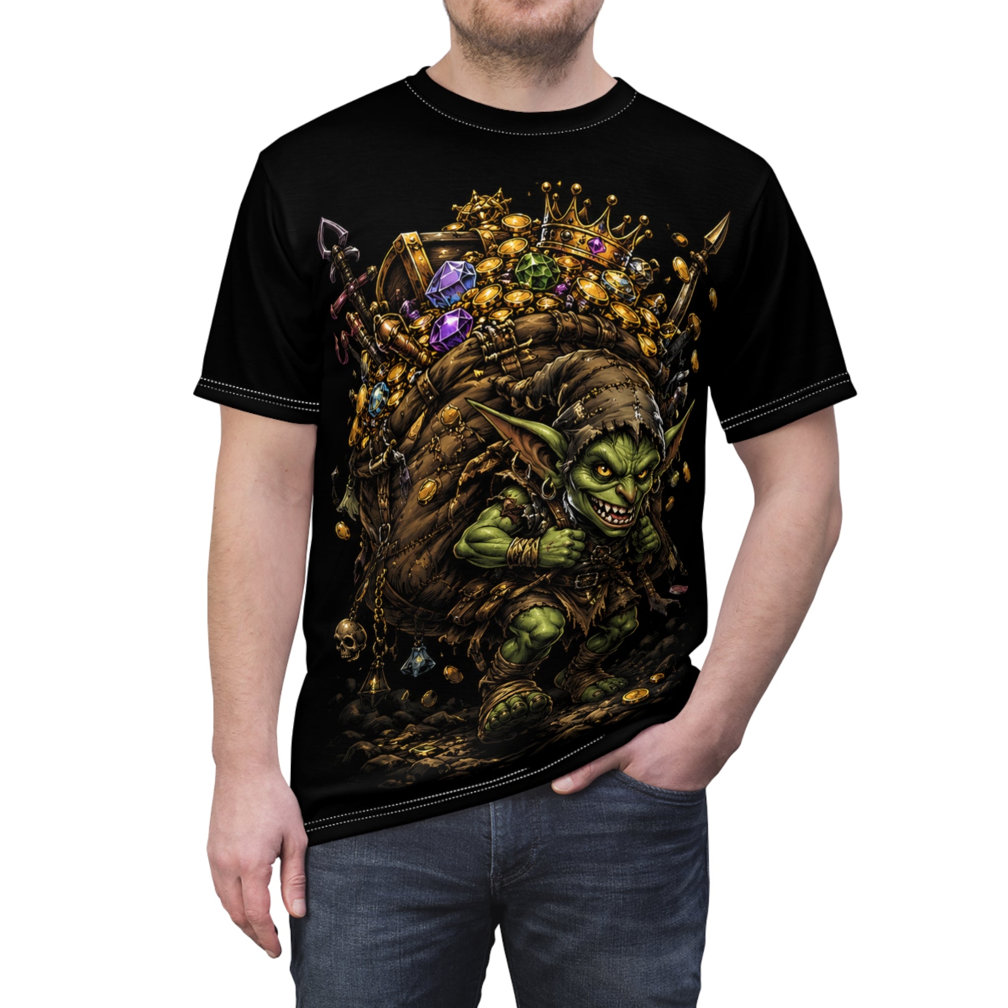 Goblin Treasure Haul cosplay tee — lifestyle shot showing vibrant all-over print fantasy shirt worn casually