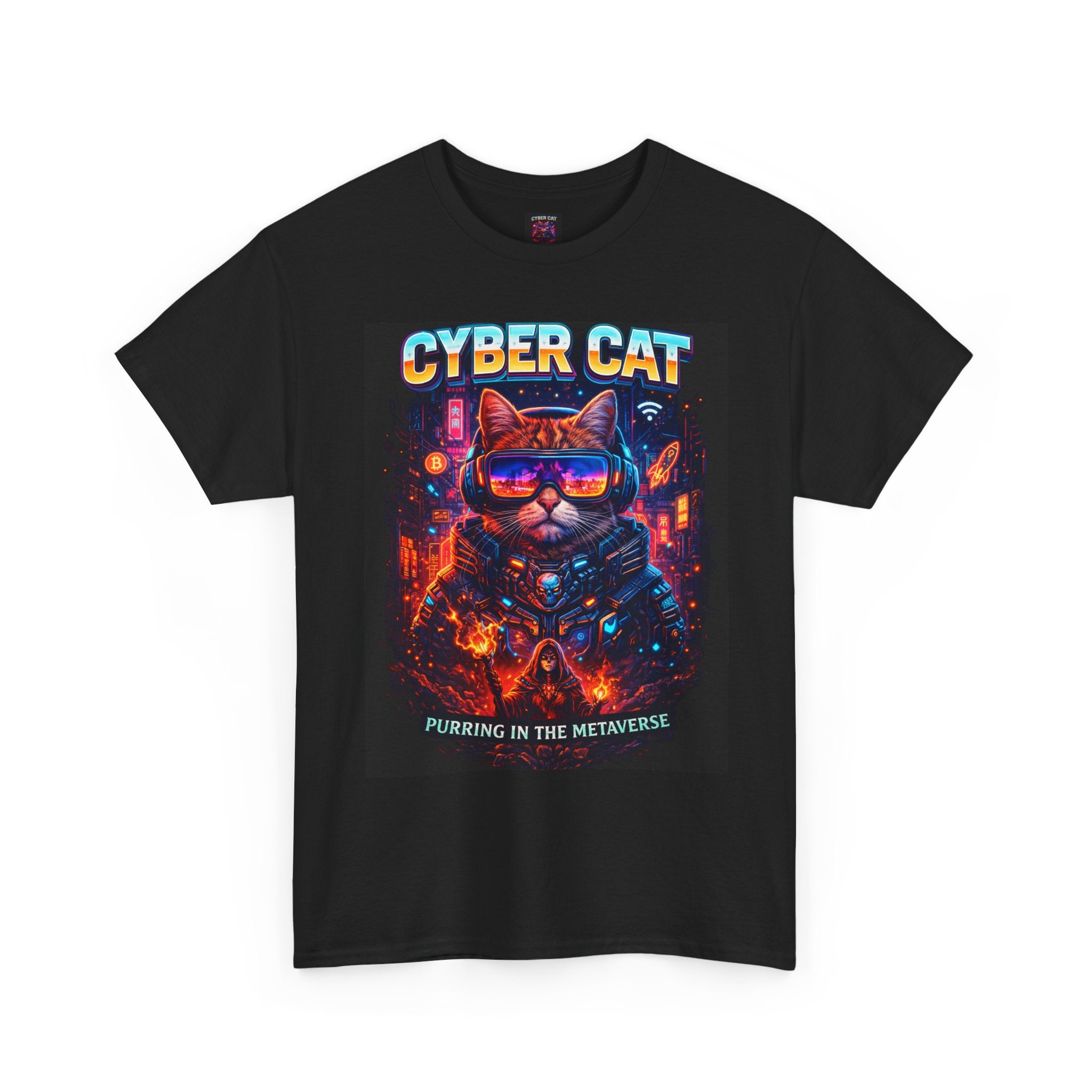 Cyber Cat unisex tee close-up — detail shot of retro futuristic neon cat graphic print