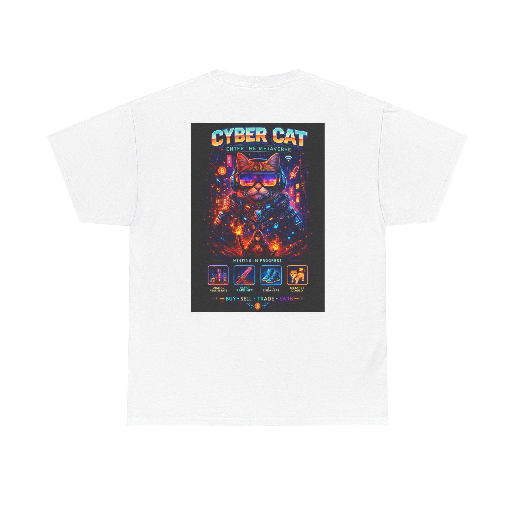 Cyber Cat cotton tee white colorway — front view showing neon cat print on white unisex shirt