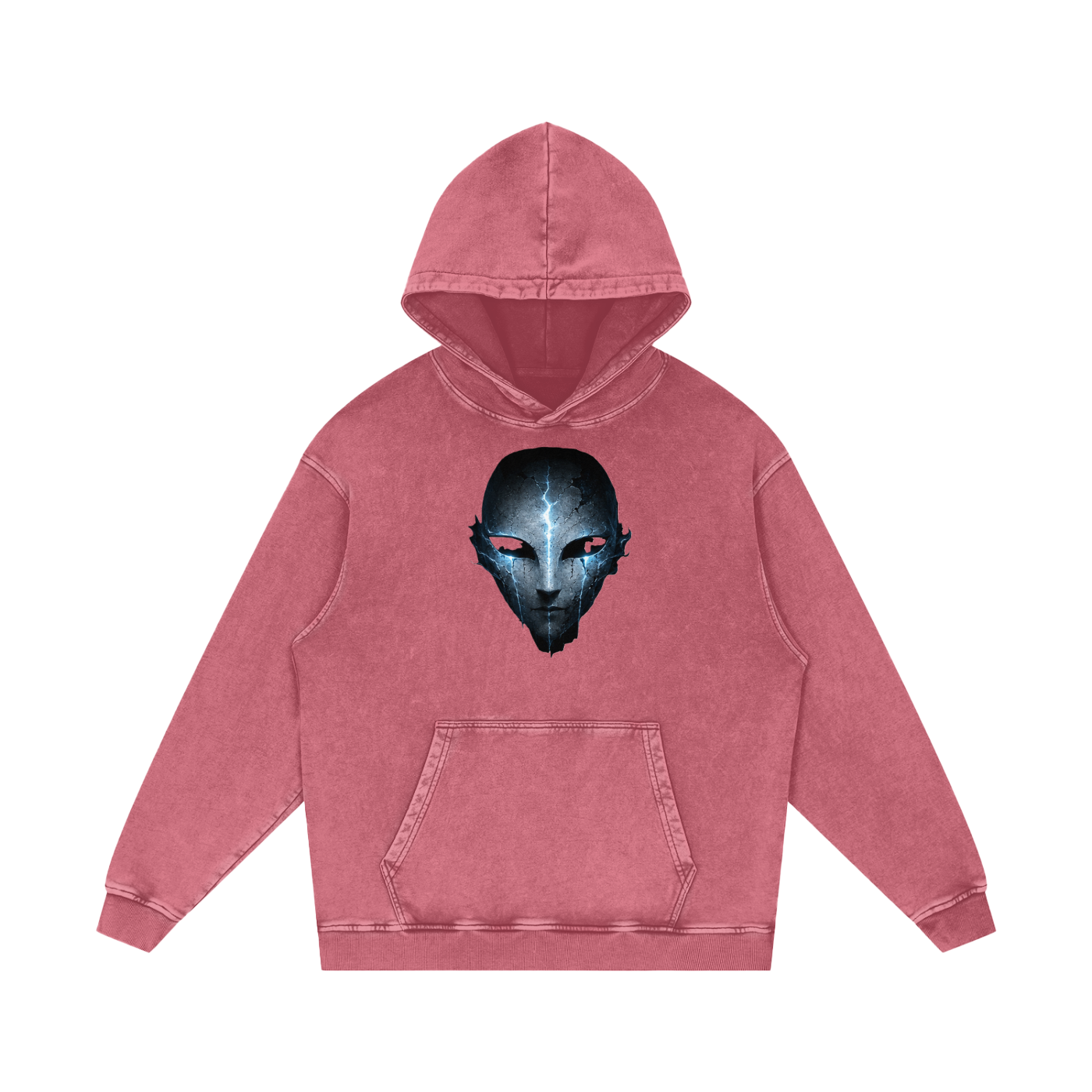 Void Sentinel Hoodie in Dark Blue — spirit mask front graphic with cold blue glow on navy snow washed 420 GSM premium cotton oversized gothic hoodie