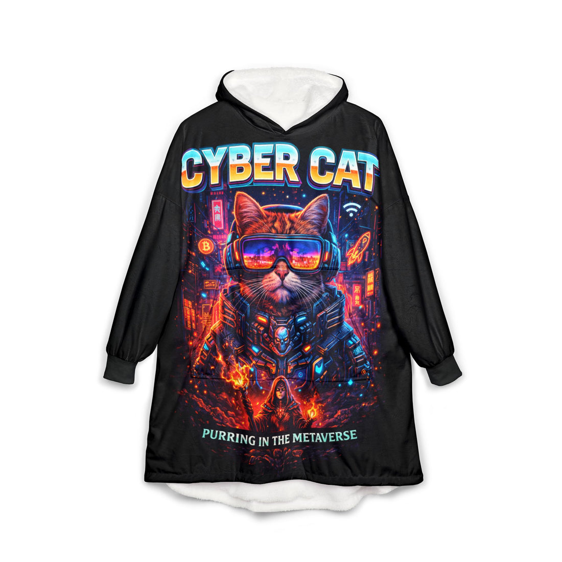 Cyber Cat Hooded Blanket white colorway — model wearing neon cat hooded throw showing full coverage and hood detail