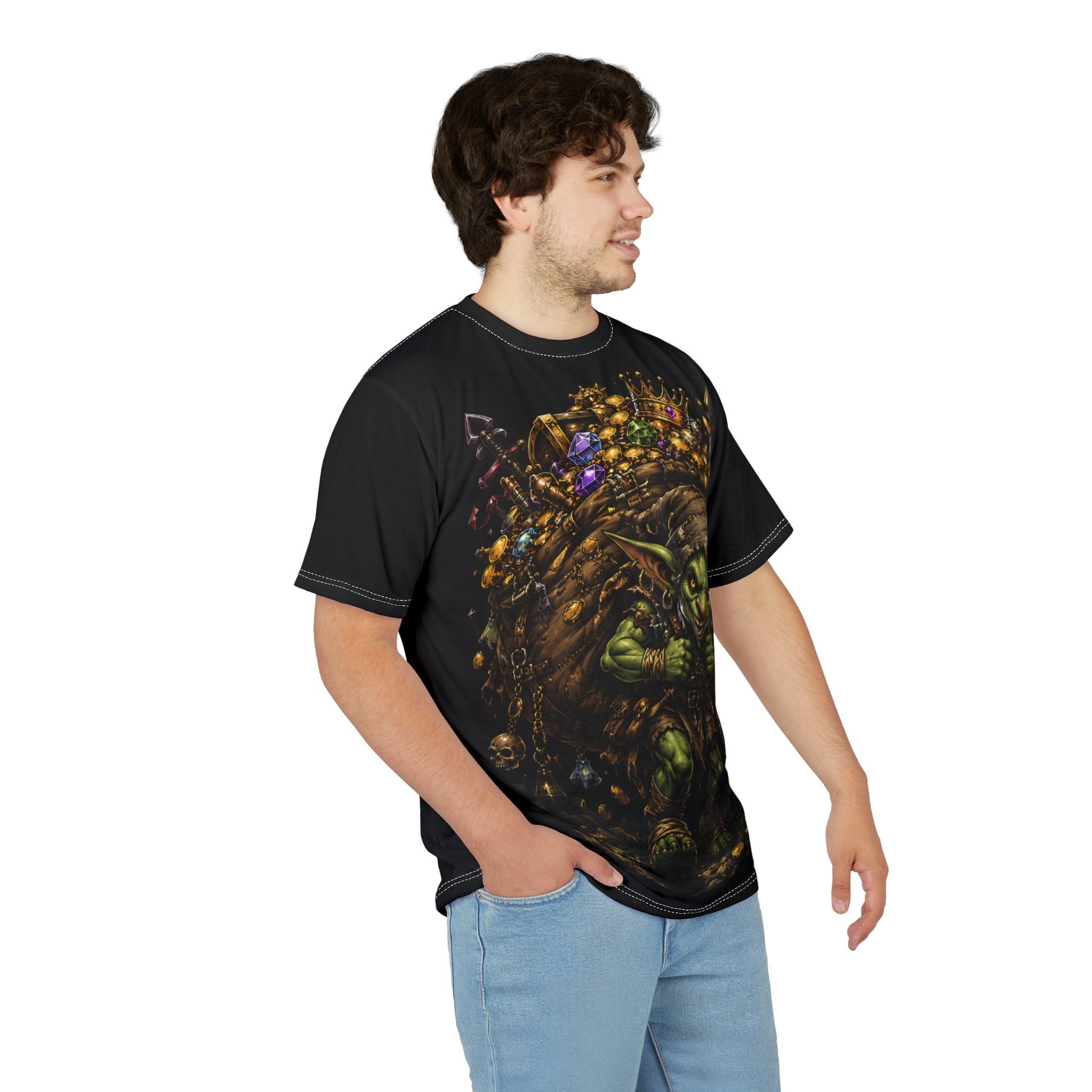 Goblin Treasure Haul nerd fashion tee — size chart flat lay showing unisex S through 3XL sizing