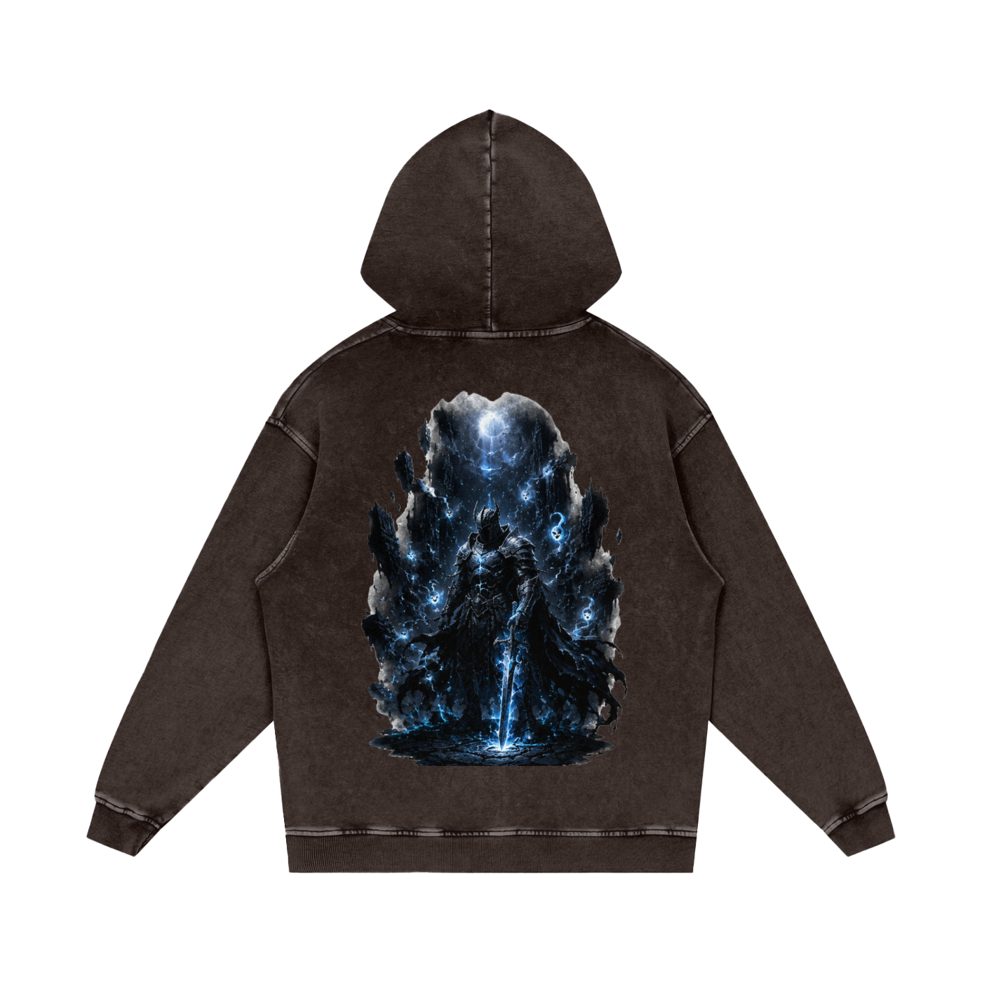 Void Sentinel Snow Wash Hoodie — lifestyle shot showing premium 420 GSM dark fantasy hoodie loose boxy fit with gothic streetwear aesthetic in dark setting