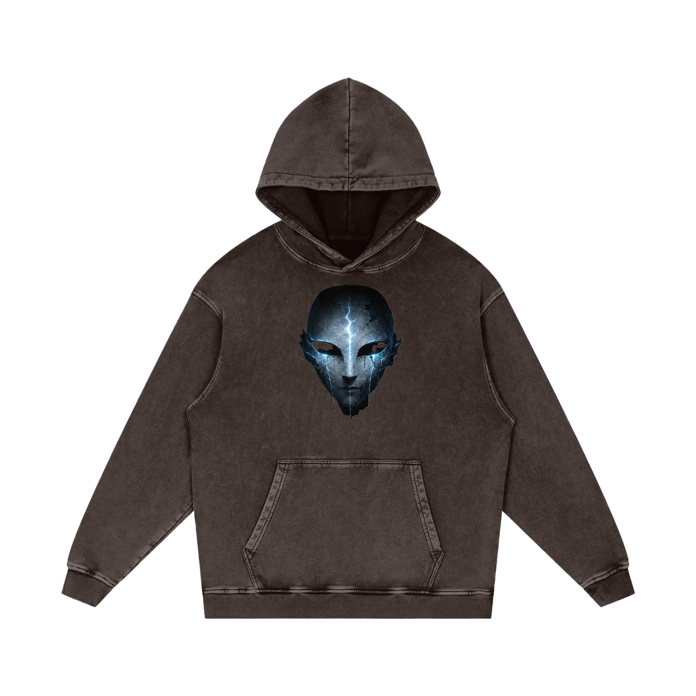 Void Sentinel Hoodie back detail — lone armored knight at edge of infinite abyss with floating stone ruins drifting soul fragments and crescent moon in cold blue atmosphere