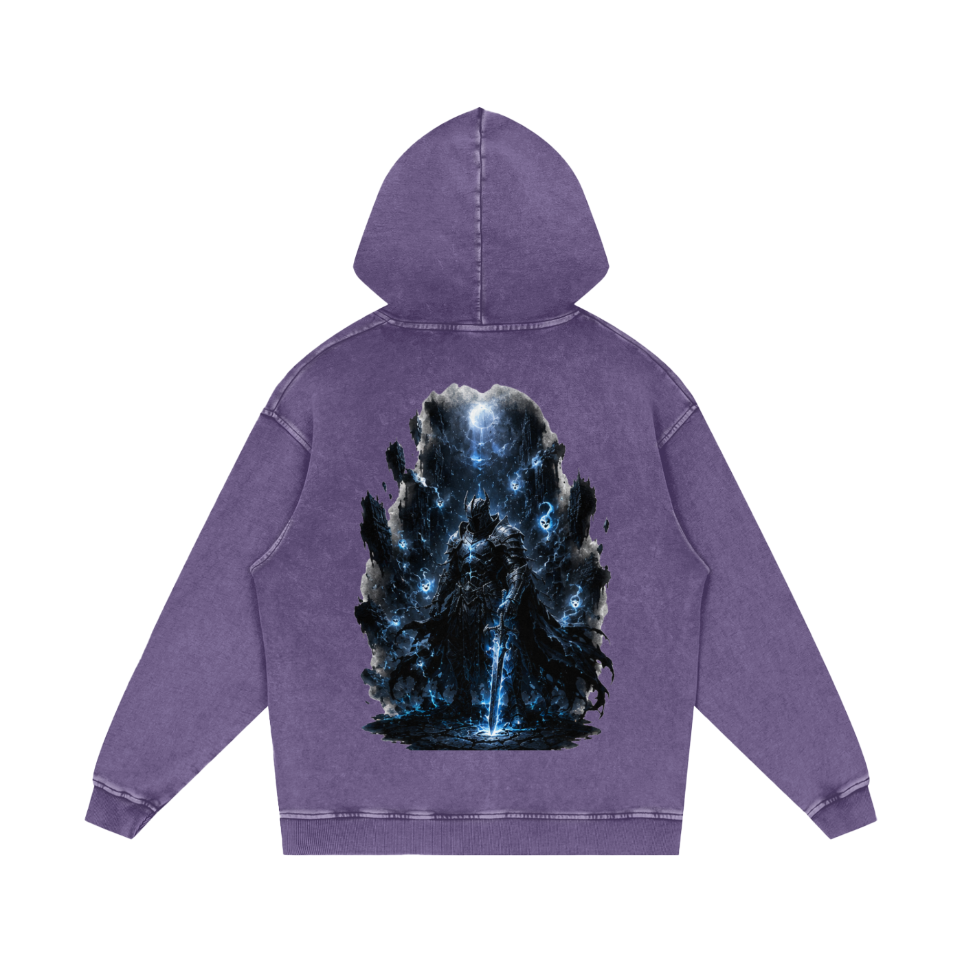 Void Sentinel Hoodie back in Dark Gray — full knight at abyss dark fantasy scene on charcoal snow washed premium 420 GSM oversized cotton hoodie