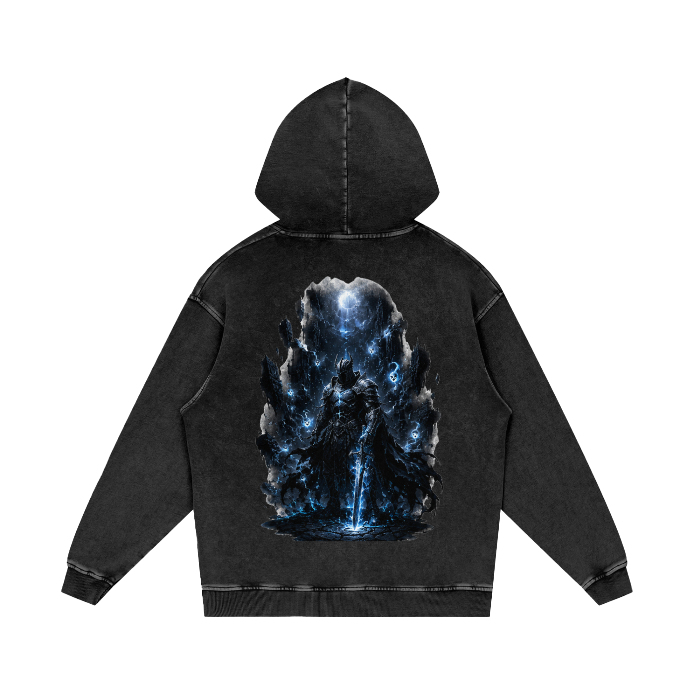 Void Sentinel Hoodie — back view showing full dark fantasy knight at the abyss scene with cold blue atmospheric detail on premium 420 GSM black snow washed hoodie