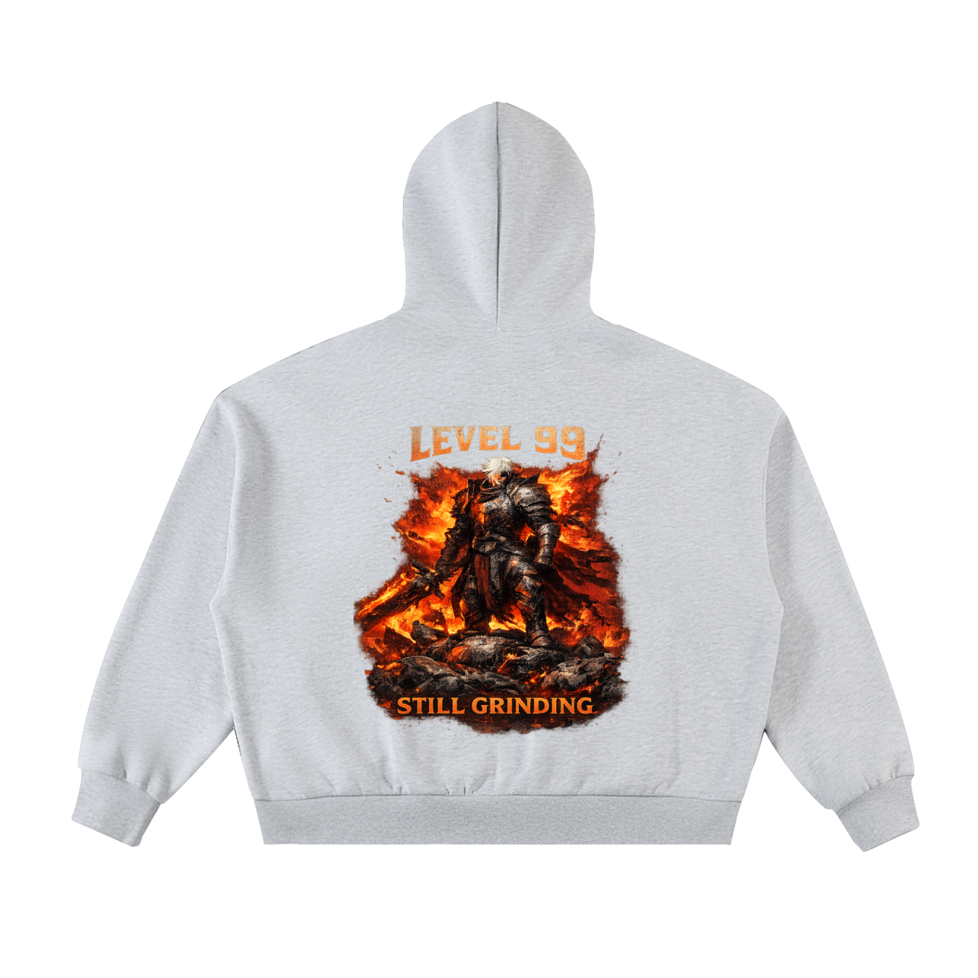 Ashborn Flame Crest hoodie in Charcoal Gray — flat lay showing full front graphic and zip closure on premium 350 GSM dark fantasy hoodie