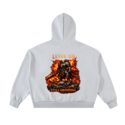 Ashborn Flame Crest hoodie in Charcoal Gray — flat lay showing full front graphic and zip closure on premium 350 GSM dark fantasy hoodie