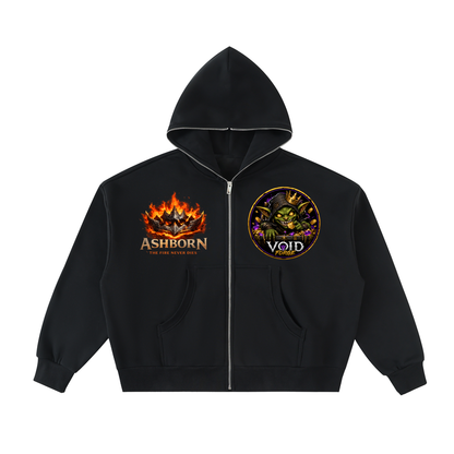 Ashborn Flame Crest Full-Zip Hoodie in Storm Gray — front view showing VoidForge VF logo on left chest and flame crest graphic on premium 350 GSM fleece