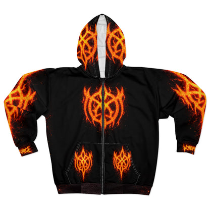 Flaming Demon Skull Zip Hoodie – front view showing all-over molten-orange skull and sigil print on black zip-up gothic streetwear hoodie
