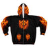 Flaming Demon Skull Zip Hoodie – front view showing all-over molten-orange skull and sigil print on black zip-up gothic streetwear hoodie