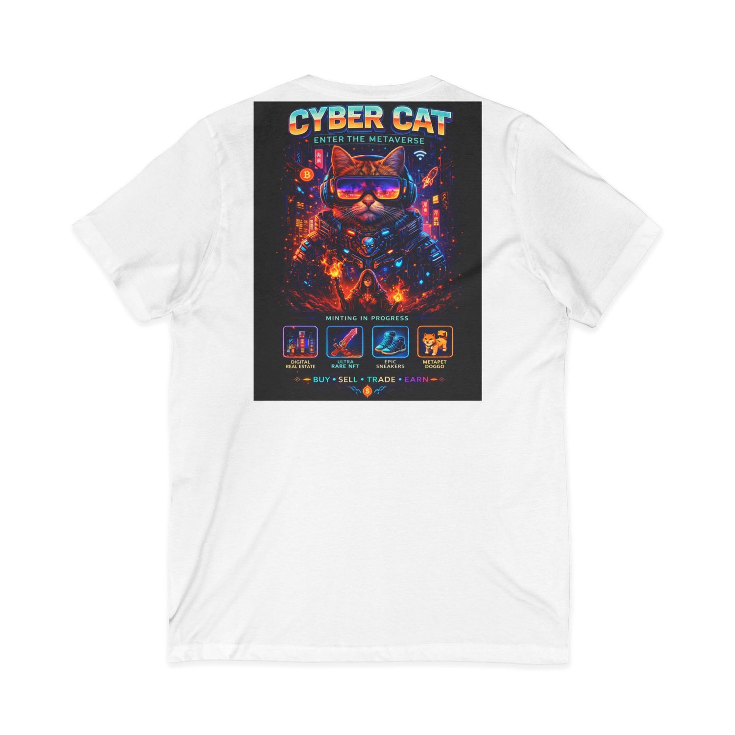 Cyber Cat V-neck graphic tee — female model wearing black shirt showing relaxed unisex fit