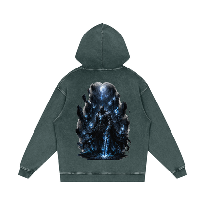 Void Sentinel Hoodie flat lay — full oversized boxy silhouette on Black Beauty showing spirit mask front and ribbed cuffs on premium 420 GSM snow wash cotton
