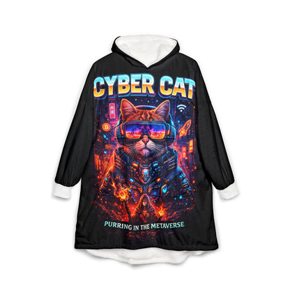 Cyber Cat Hooded Blanket Purring in the Metaverse — front view showing neon cyberpunk cat artwork on cozy hooded throw