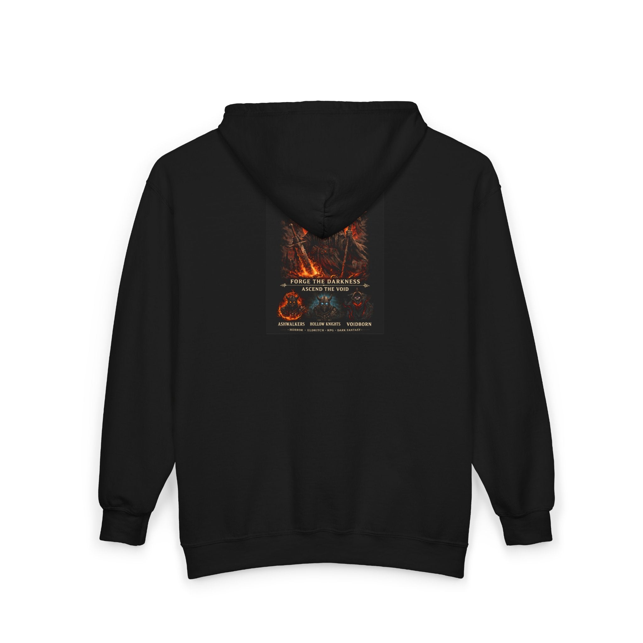 VoidForge Moon Bleeds Red Hoodie — close-up of red moon and occult graphic print detail on chest