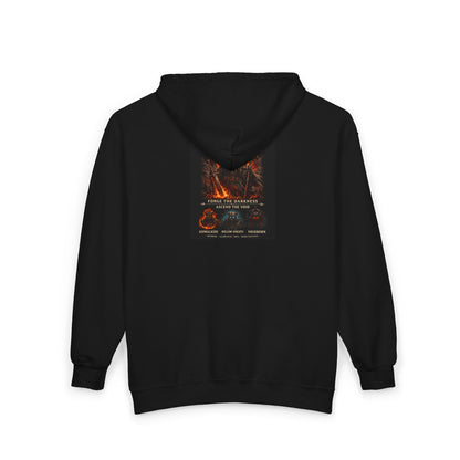 VoidForge Moon Bleeds Red Hoodie — close-up of red moon and occult graphic print detail on chest