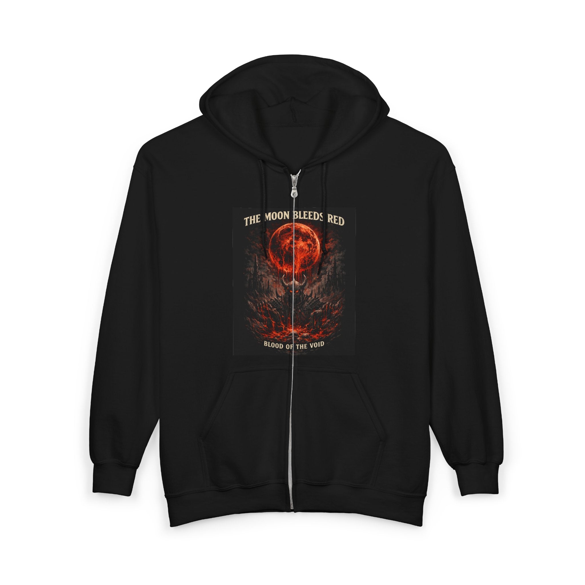 Moon Bleeds Red gothic zip hoodie — male model wearing black zip hoodie showing dark aesthetic fit