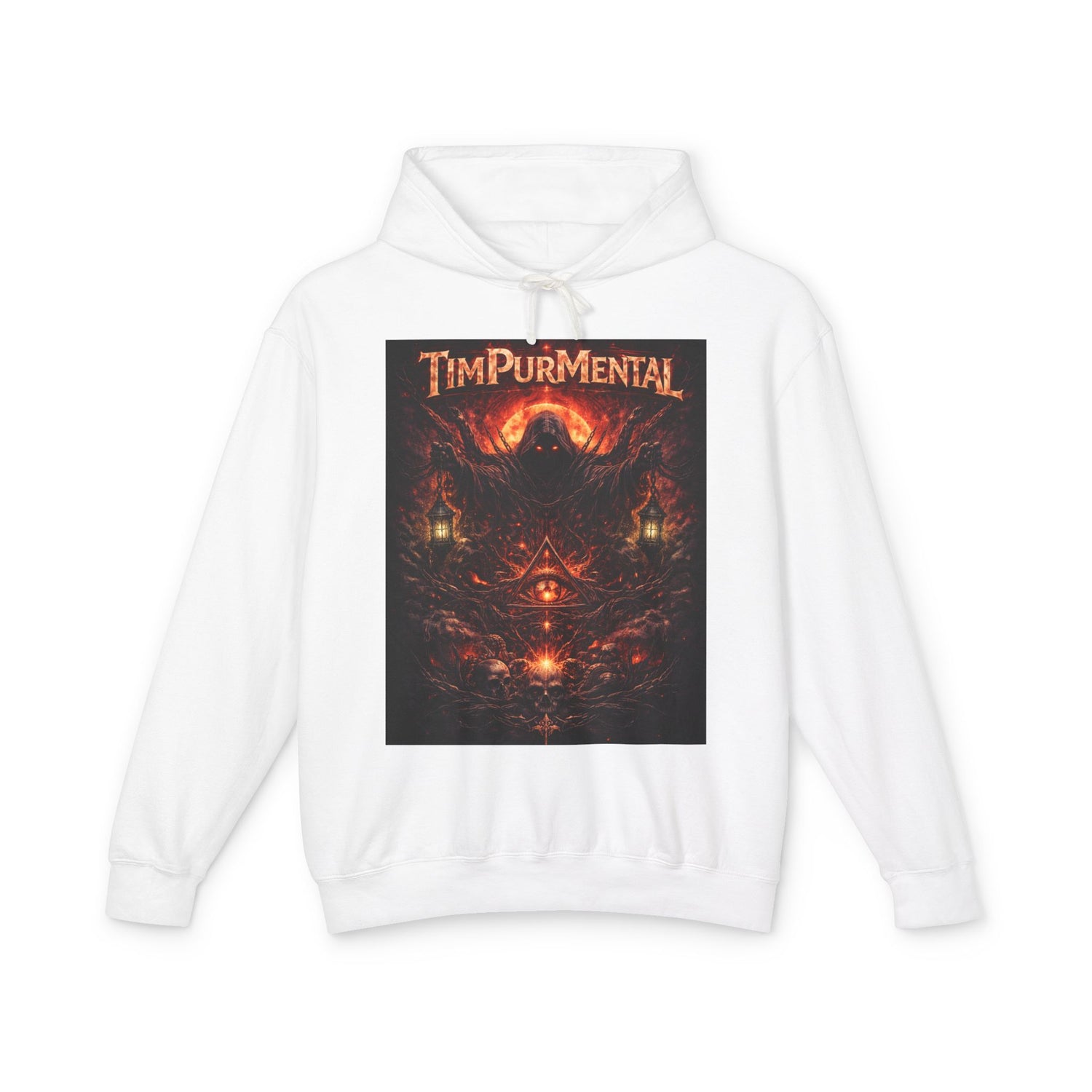 Tim Purmental Dark Fantasy Graphic Hoodie — front view showing brooding ember-toned artwork on black pullover