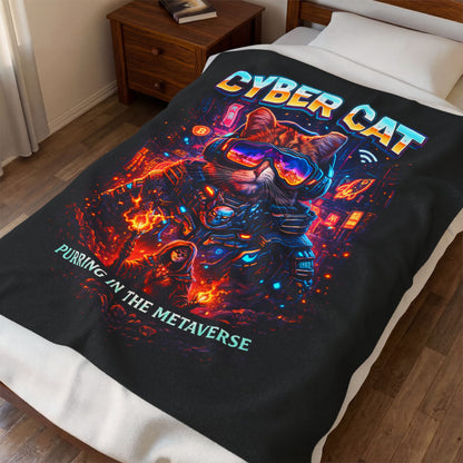 Cyber Cat Plush Blanket close-up — detail of retro futuristic cat graphic and vibrant neon colors on velveteen fabric