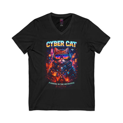 Cyber Cat retro futuristic V-neck tee — back view showing full neon cyberpunk cat artwork
