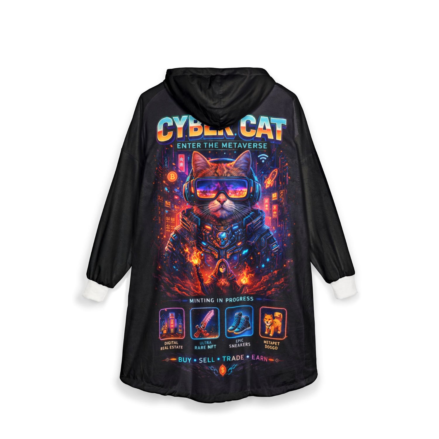 Cyber Cat Hooded Blanket black colorway — lifestyle shot showing gamer blanket worn on couch with neon cat design visible