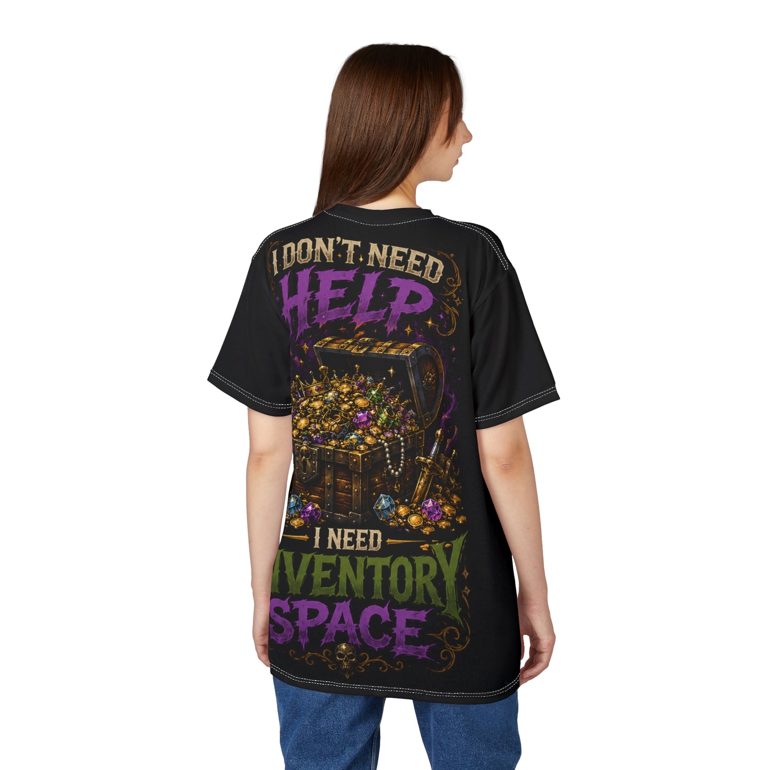Goblin Treasure Haul tabletop tee — model wearing shirt at angle showing chaotic full-print design