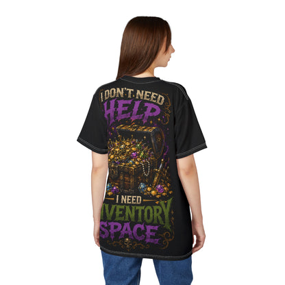 Goblin Treasure Haul tabletop tee — model wearing shirt at angle showing chaotic full-print design