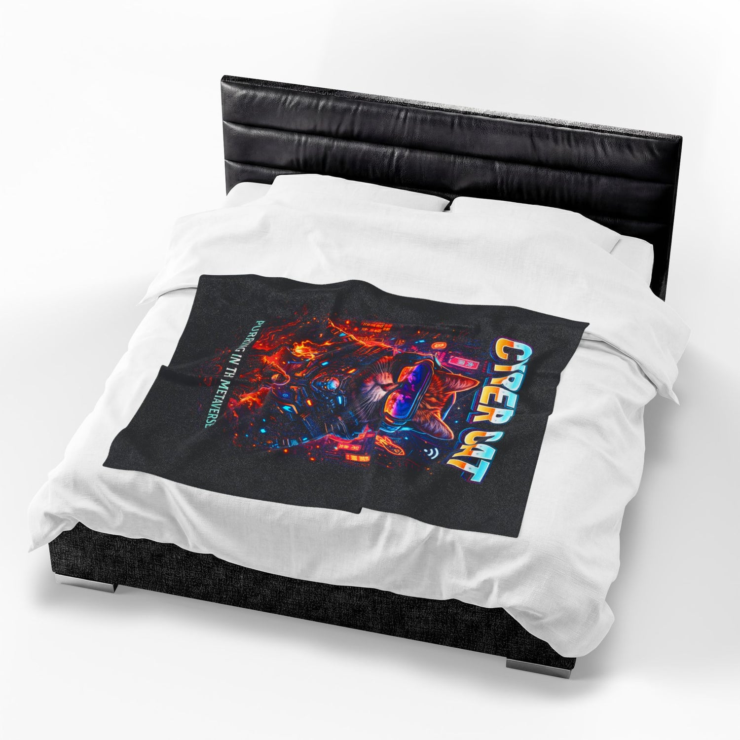 Cyber Cat Plush Blanket gamer gift — corner detail showing fabric quality and vibrant neon color saturation