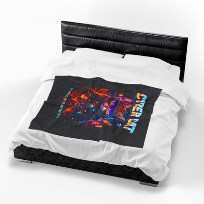 Cyber Cat Plush Blanket gamer gift — corner detail showing fabric quality and vibrant neon color saturation