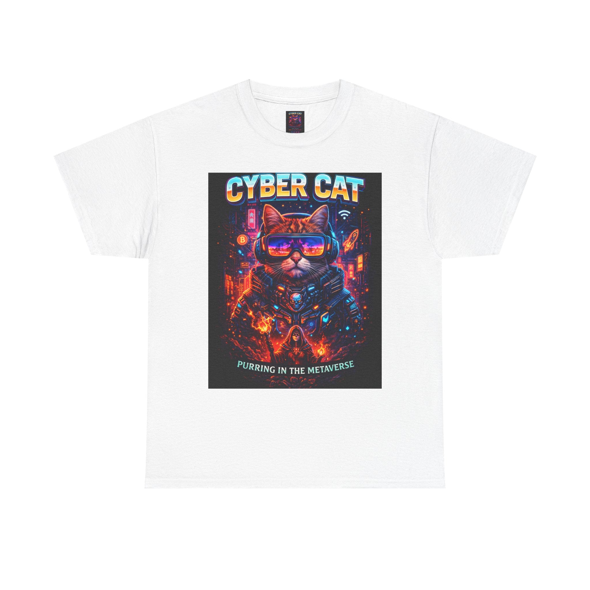 Cyber Cat heavy cotton tee black — front view showing retro futuristic cat graphic on Gildan 5000 shirt