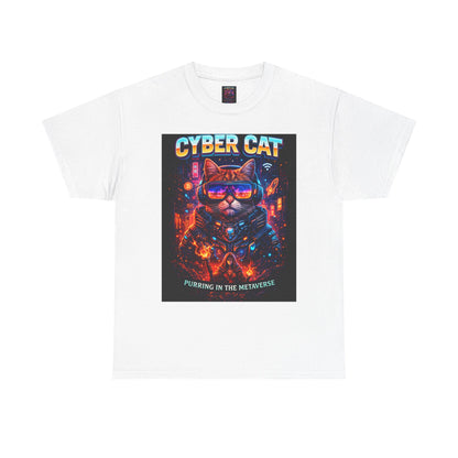 Cyber Cat heavy cotton tee black — front view showing retro futuristic cat graphic on Gildan 5000 shirt