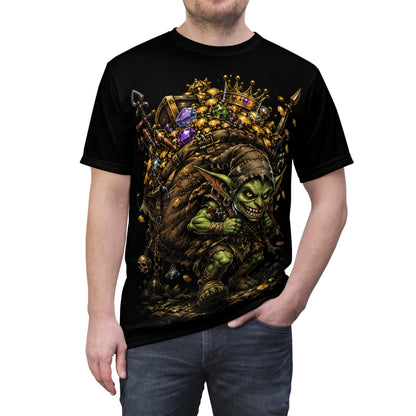 Goblin Treasure Haul cosplay shirt — model posed showing full front chaotic treasure hoard design