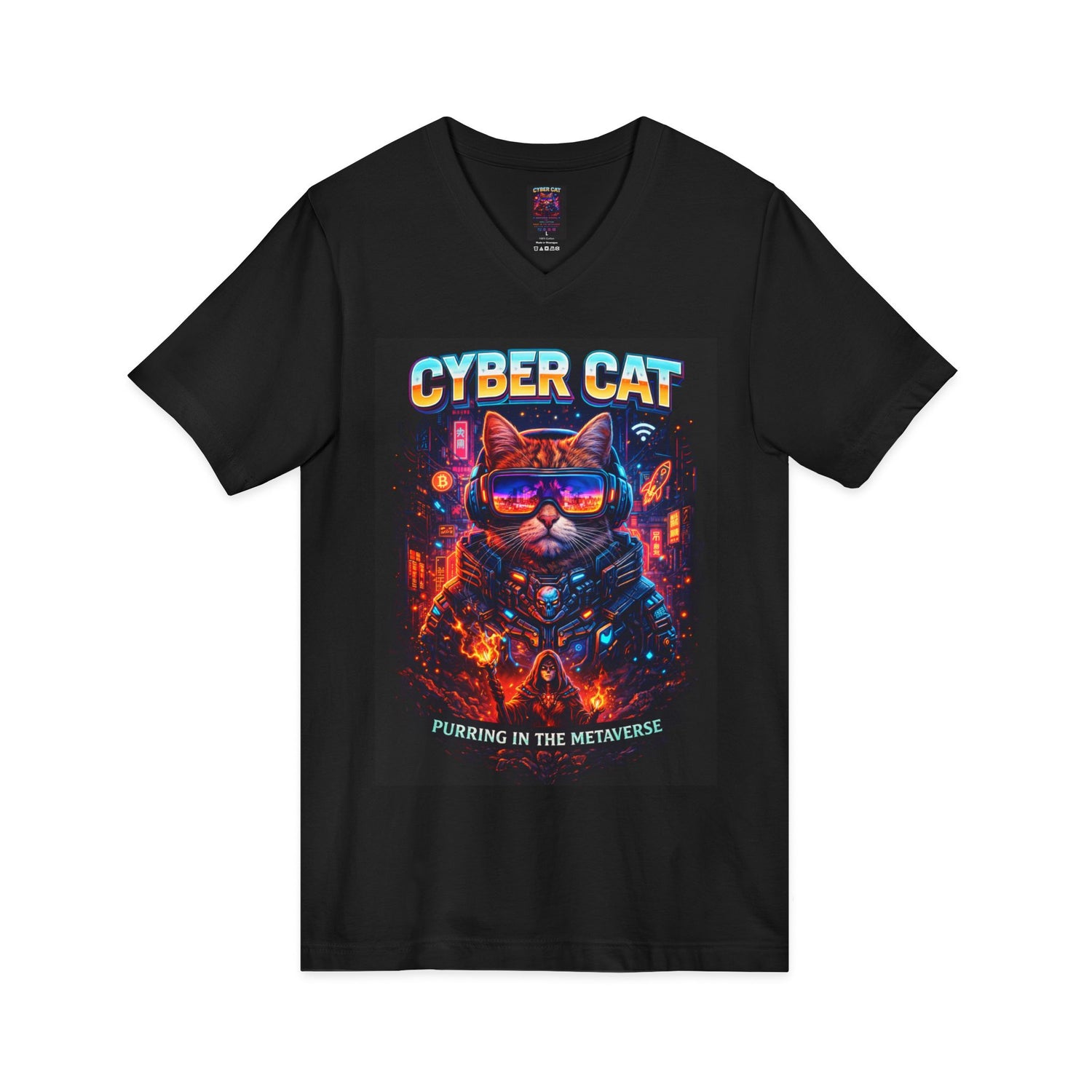 Cyber Cat sci-fi tee flat lay — showing full graphic print detail on lightweight V-neck shirt