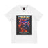 Cyber Cat V-Neck Tee Purring in the Metaverse — front view showing retro futuristic neon cat graphic on black shirt