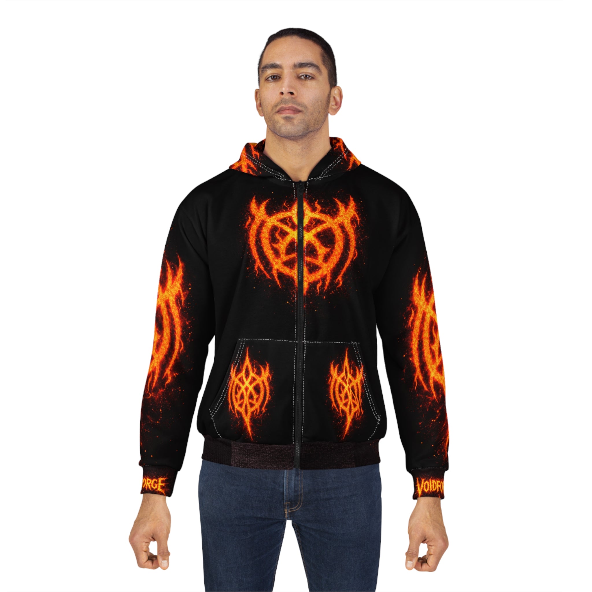 Flaming Demon Skull Zip Hoodie flat lay – showing full front graphic detail and black zipper on gothic metal all-over print hoodie