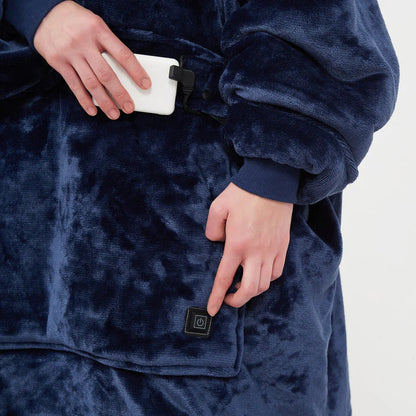 Heated Hoodie Blanket Sushi Blue variant — model wearing blanket hoodie outdoors showing versatile use
