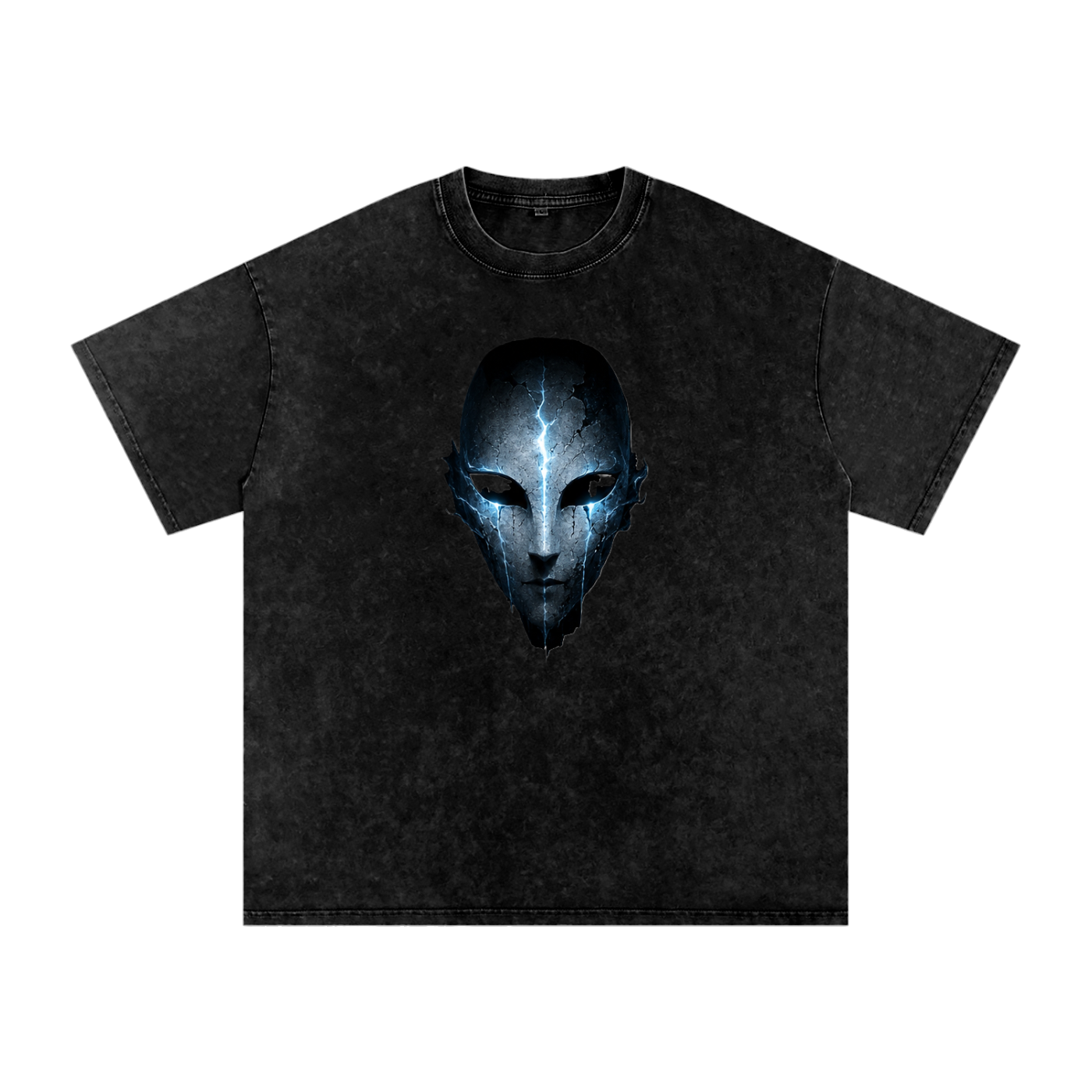 Void Sentinel Snow Wash Tee in Black — front view showing cracked spirit mask chest graphic with cold blue glowing eye sockets on washed oversized cotton tee
