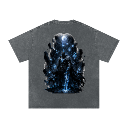 Void Sentinel Tee in Royal Blue — cracked spirit mask chest print on royal blue washed oversized dark fantasy streetwear tee