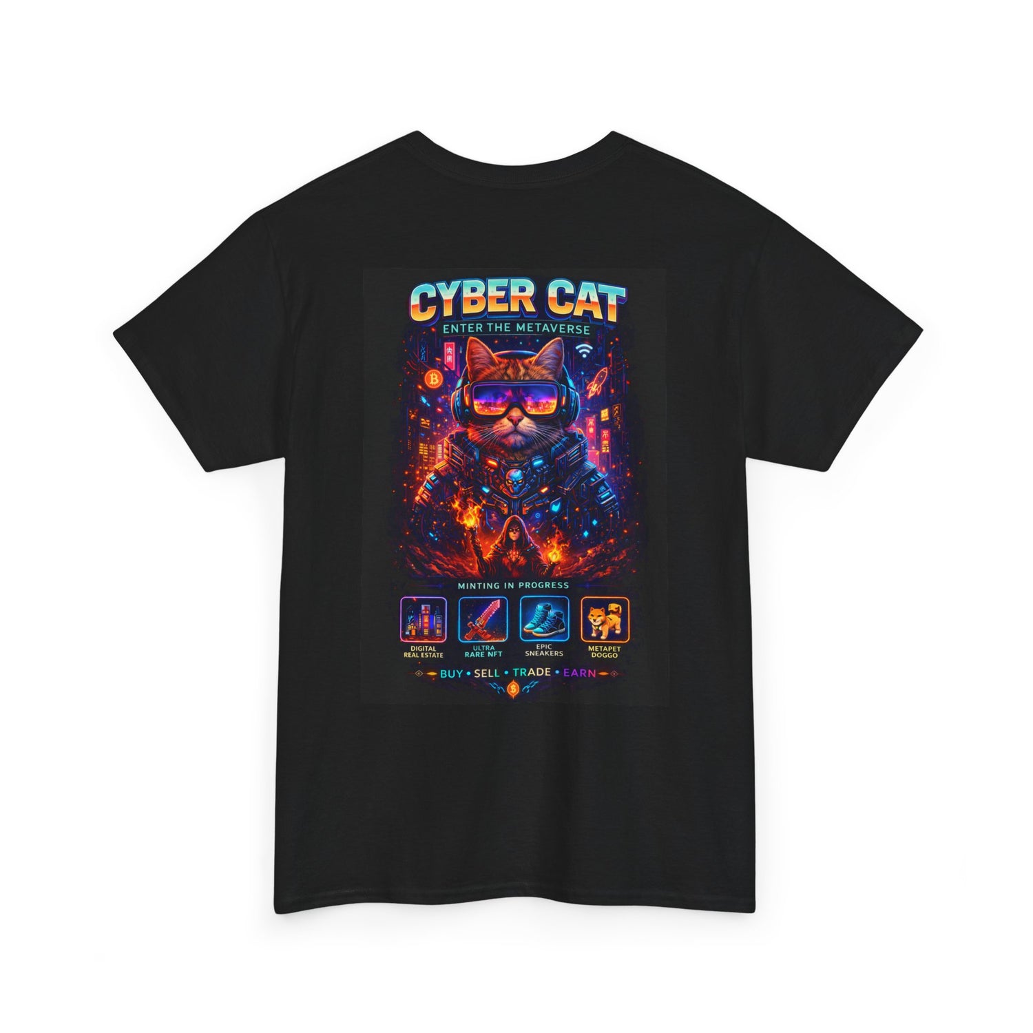 Cyber Cat graphic shirt — angled lifestyle shot showing fit and neon cat design on black cotton tee