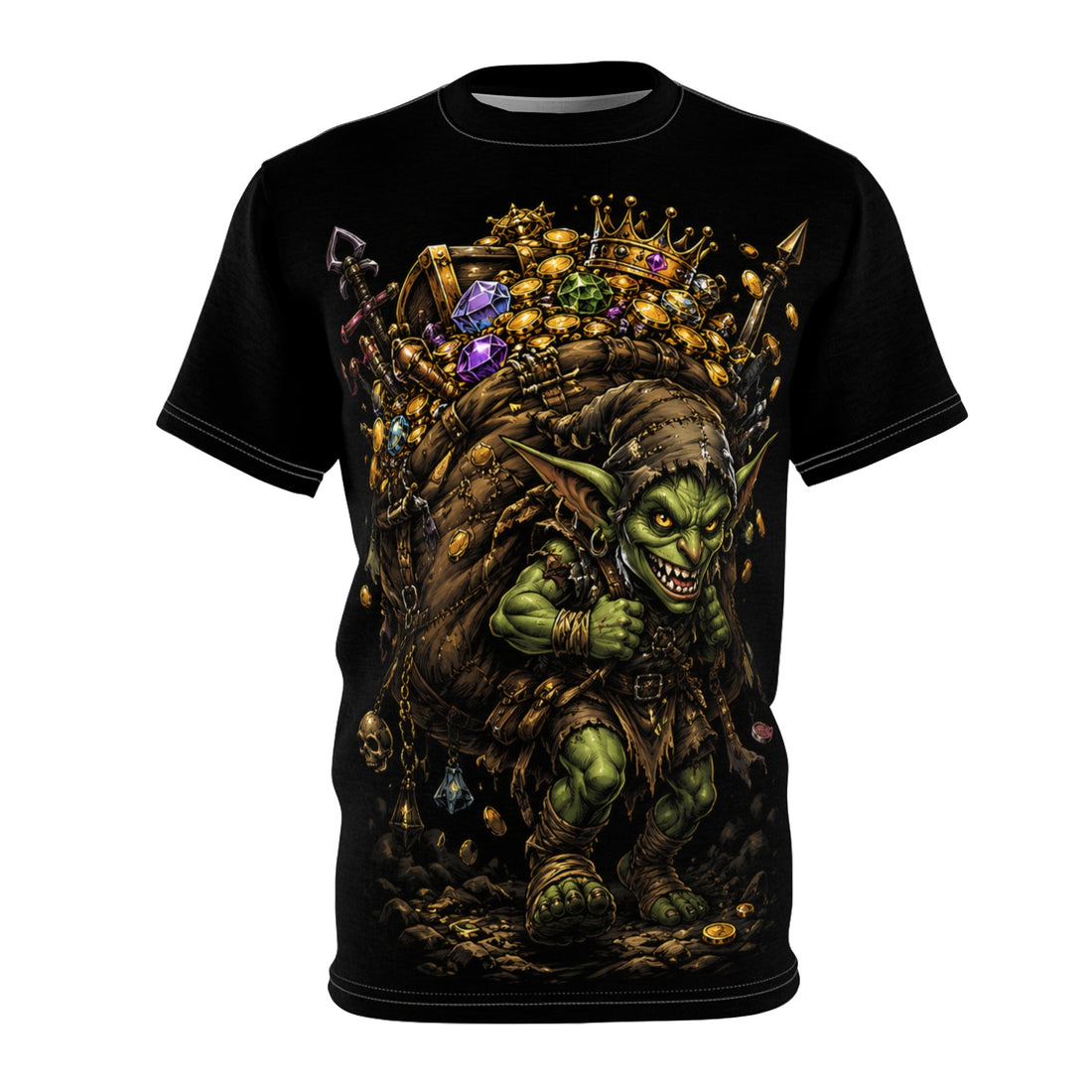 Goblin Treasure Haul Tee all over print fantasy shirt — front view showing gold coins and gems goblin design