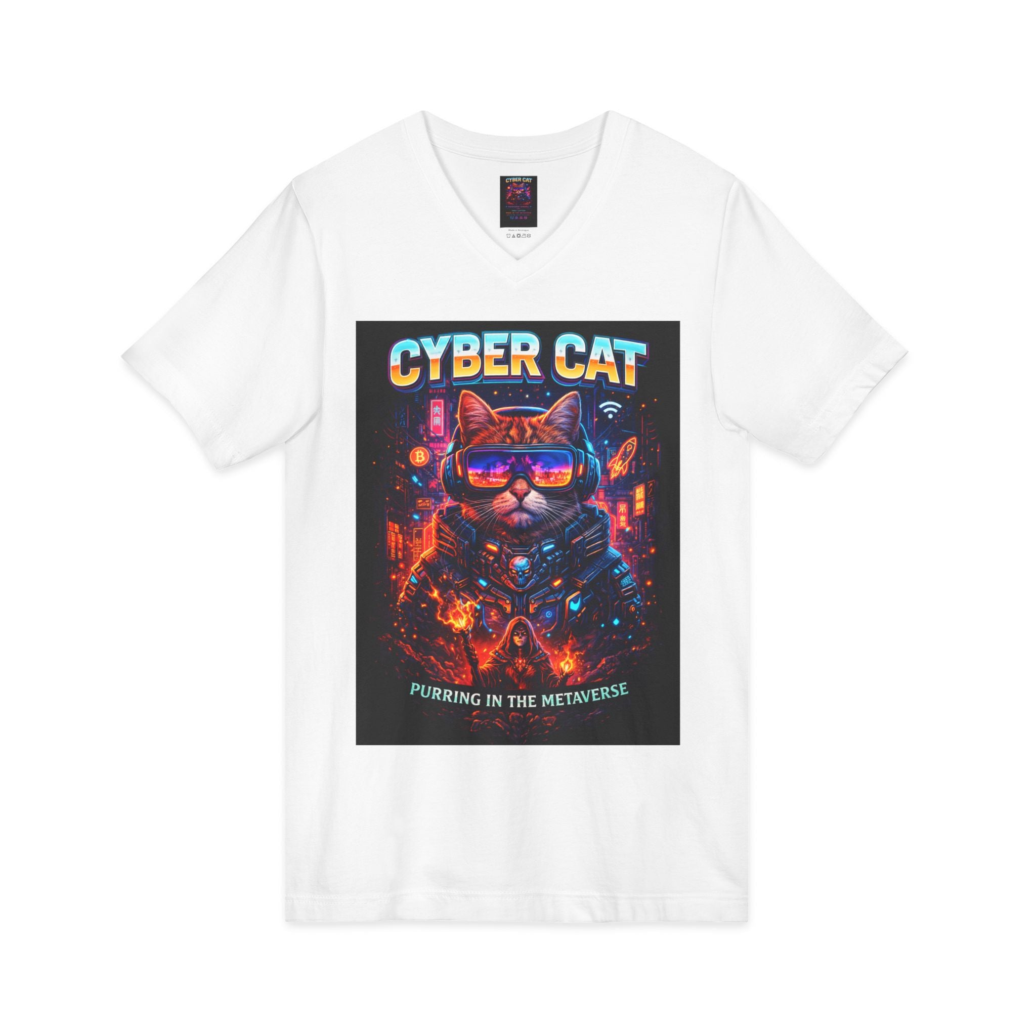 Cyber Cat metaverse shirt white colorway — front view showing neon cat graphic on white V-neck tee