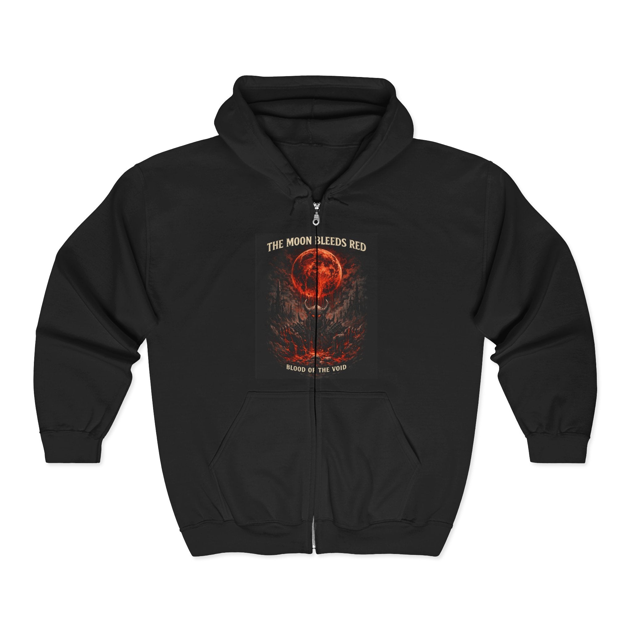 VoidForge Moon Bleeds Red Zip Hoodie — front view showing blood moon gothic artwork on black zip-up