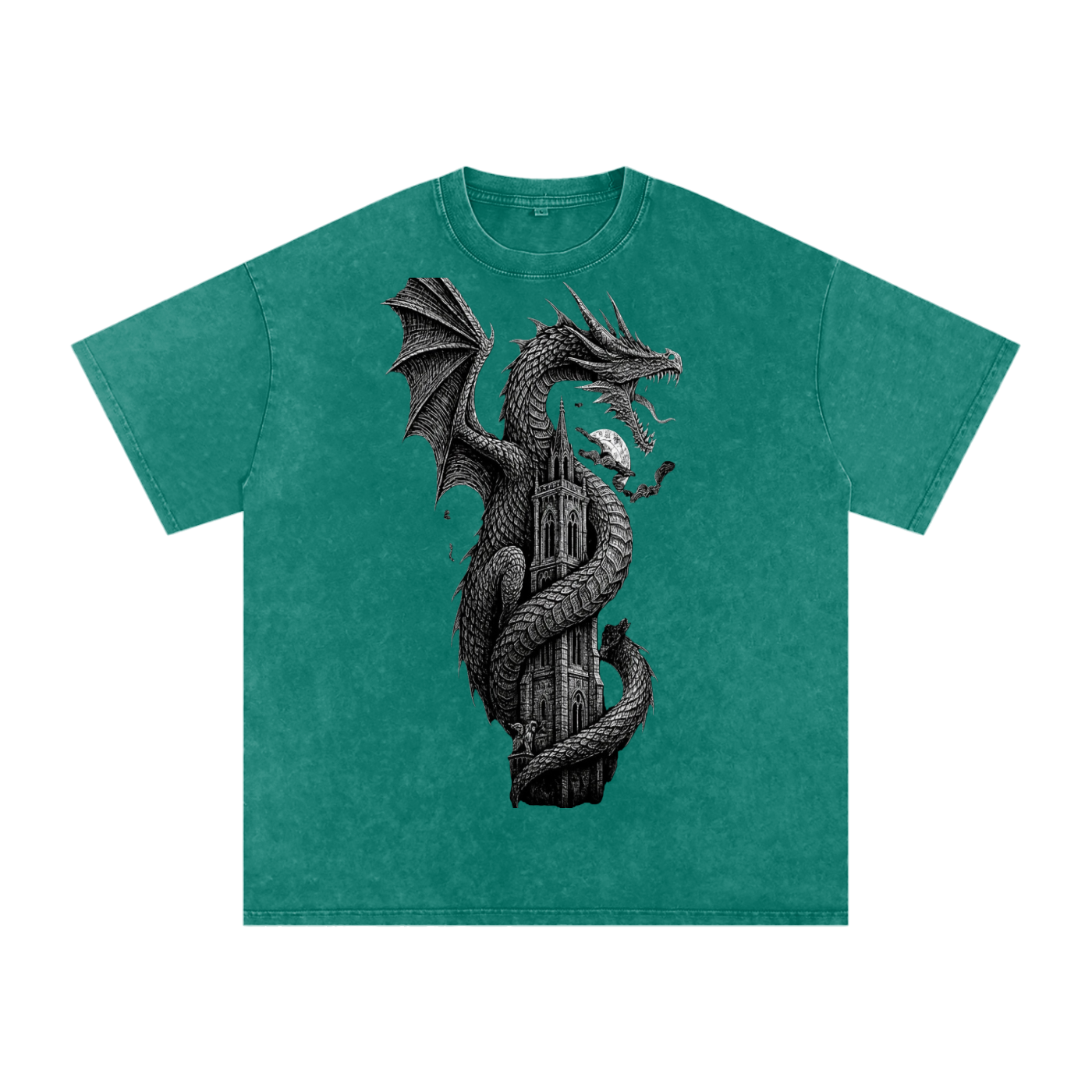 Snow Wash Tee in Dark Green — back detail shot showing drop shoulder seam and deep green washed fabric