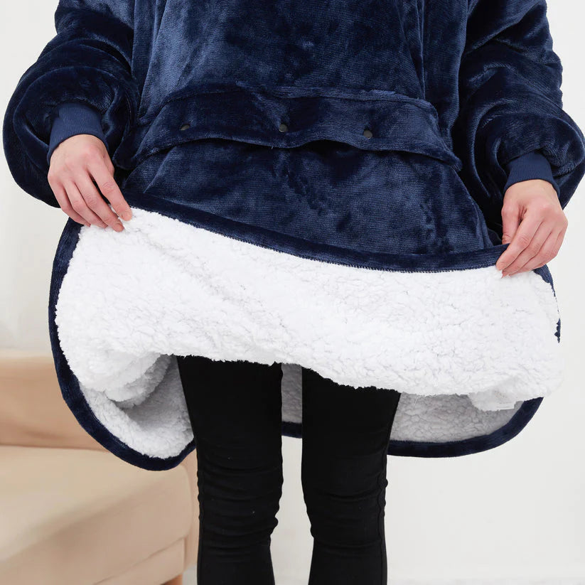 Heated Hoodie Blanket Pink variant — front view showing adjustable hood and kangaroo pocket