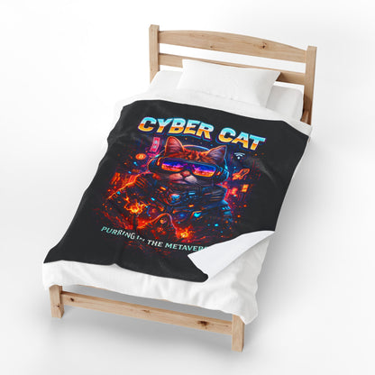 Cyber Cat velveteen throw — flat lay showing full cyberpunk cityscape design across entire 50x60 blanket