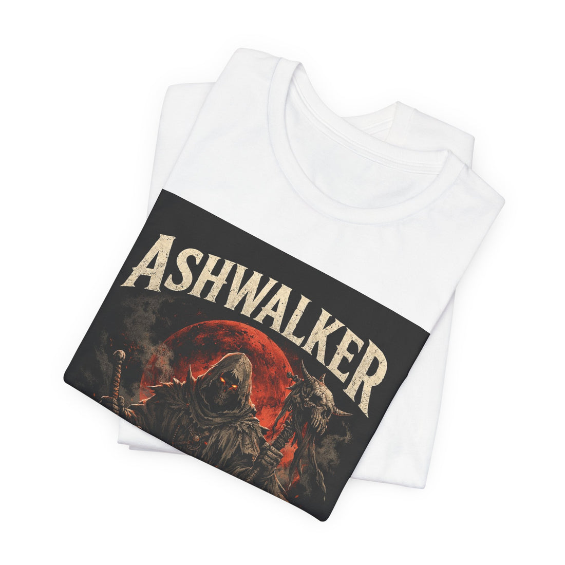 Ashwalker Graphic Tee Born From the Ash dark fantasy shirt — front view showing cloaked grim reaper design in ember red and black