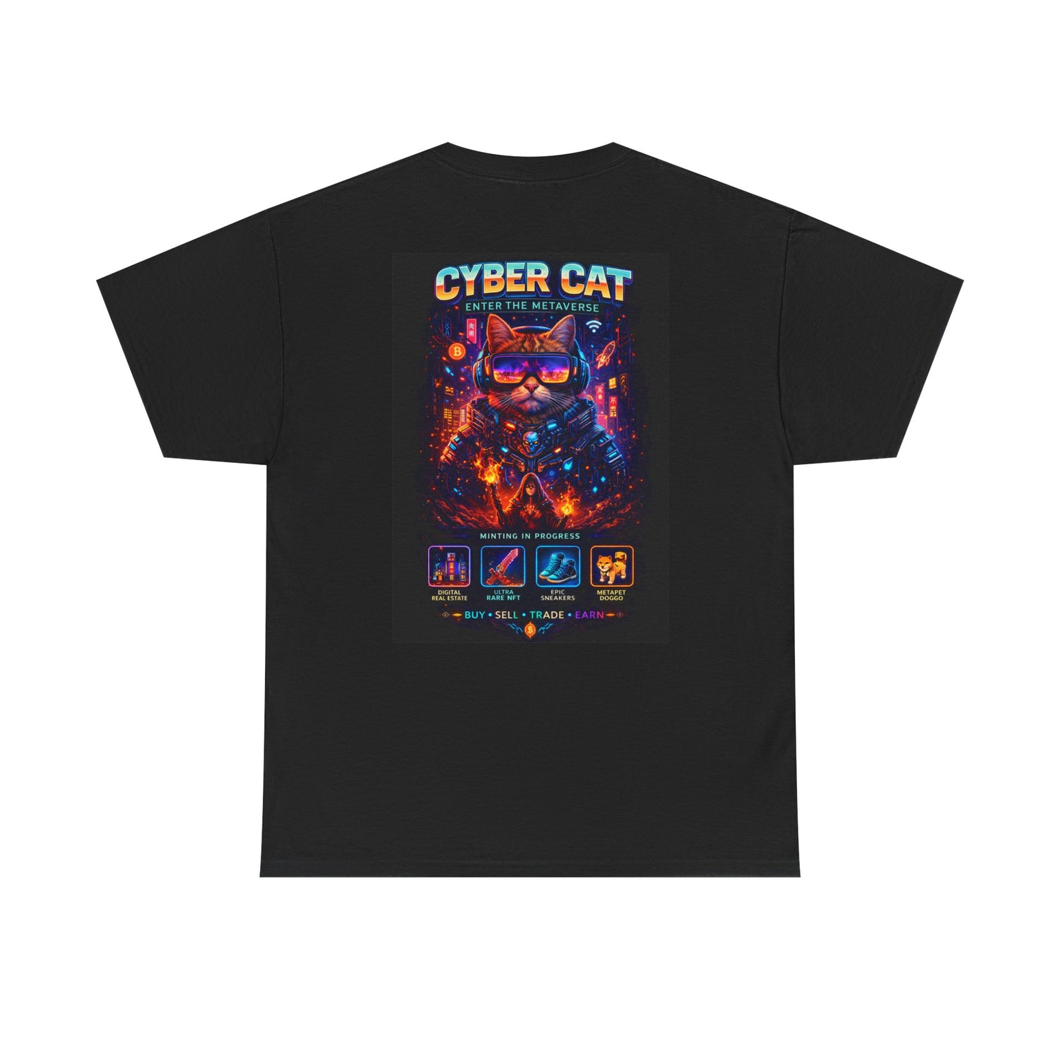 Cyber Cat heavy cotton tee — flat lay showing full front design and crew neckline